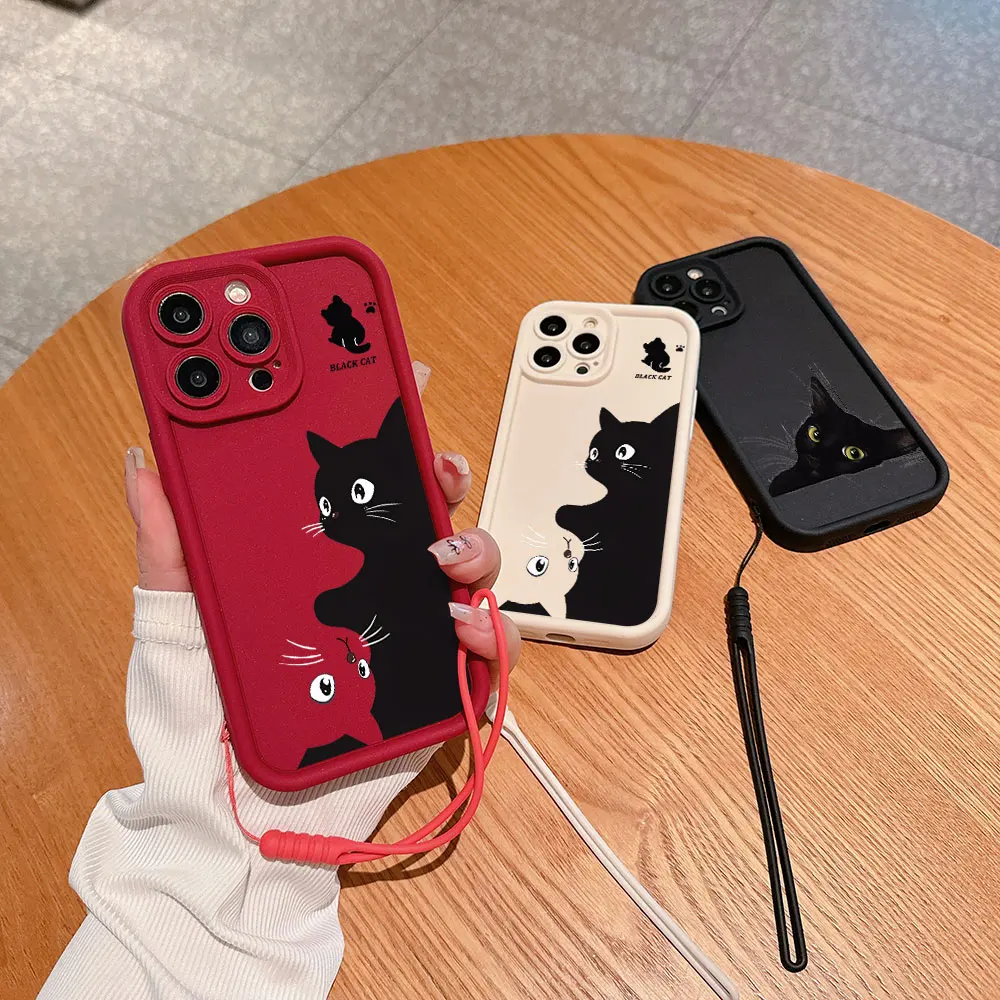 Cartoon Black Cat Phone Case for OPPO Realme 8 8i 7i 11 C11 C12 C15 C20 C21Y C31 C33 C35 C53 C55 C67 4G 5G Cover With Hand Strap