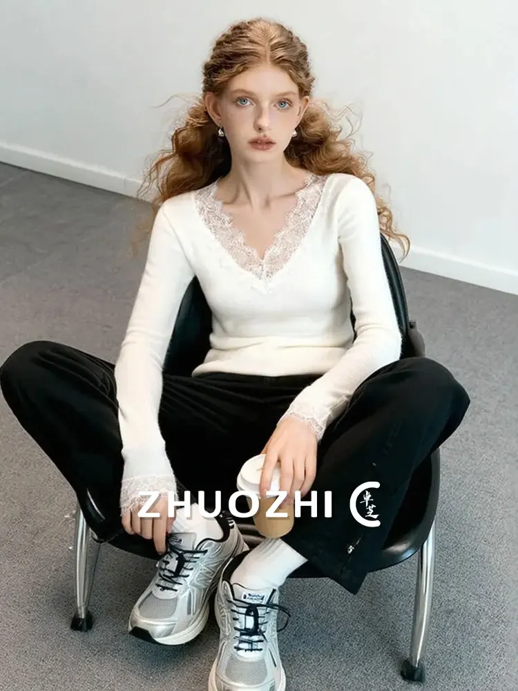 

ZhuoZhi Lace Soft V-ne Knitted Sweater Women's Slim Fit Warm Base irt French Sle Long Sve Casual Daily Wear