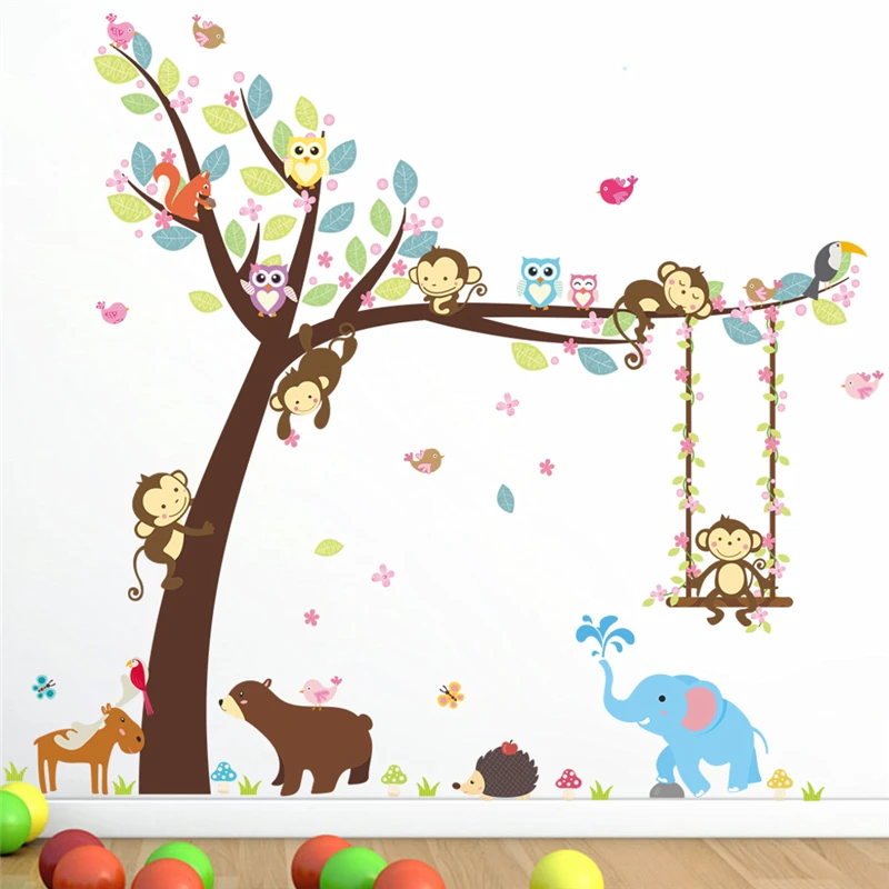 Cartoon Animal With BigTree Wall Sticker For Kindergarten Kids Room Home Decor Diy Zoo Theme Mural Art Pvc Wall Decal
