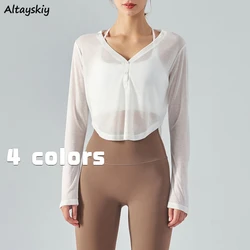 Long Sleeve T-shirts Women Spring Sheer Tops All-match Cozy Workout Simple Basic Summer Crop Ladies Clothing Sun-proof V-neck