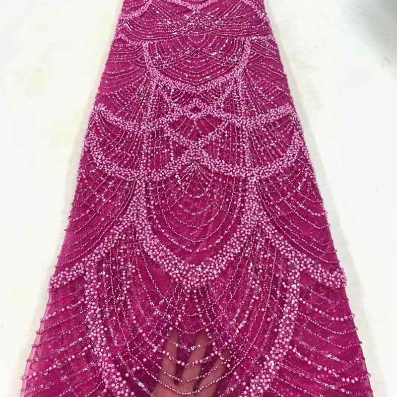 

Fashion Fabric 2023 Heavy Hand Embroidered Beaded Bridal Lace Fabric White Beaded Lace