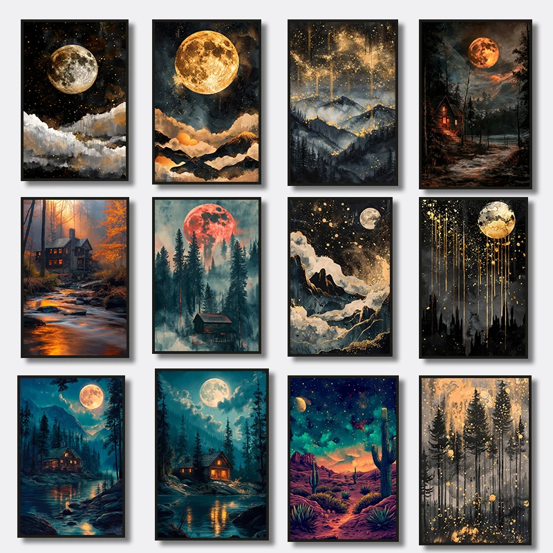 Forest Wooden Cabin in Mountains Full Moon Misty Forest Canvas Painting Print Cloudy Sky Poster Wall Art Rustic Home Decor