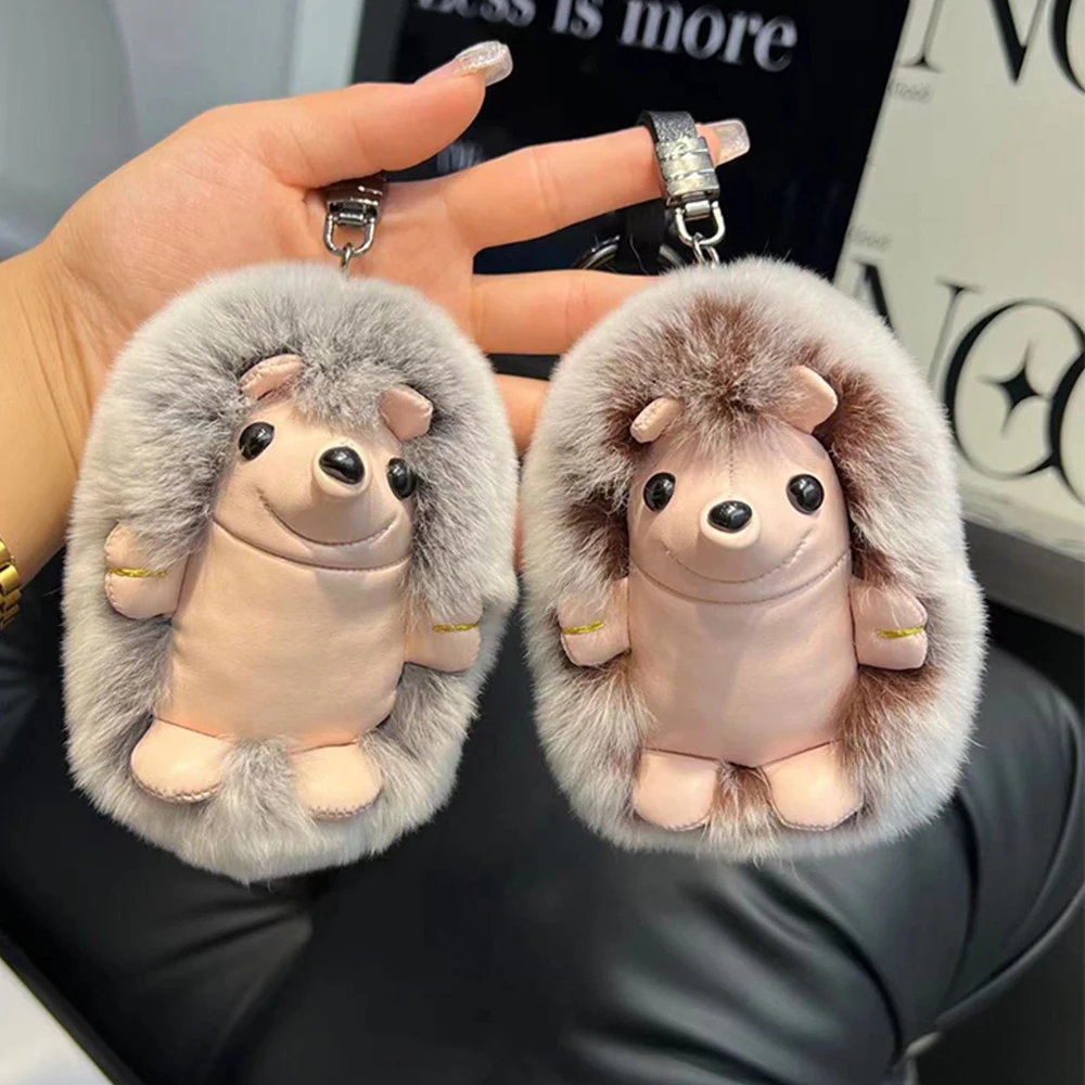 Cute Hedgehog Real Rex Rabbit Fur Key Chains Plush Toy Pendant Kids School Bag Hanging Ornaments Women Car Keyring Trinkets Gift