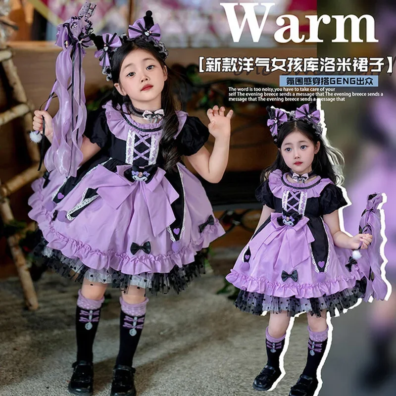 2024 Sanrio Cosplay Kuromi Lolita Princess Dress Summer Children\'s Costume Dress Puffy Skirt Suit Cute Girl Birthday Kawaii Gift