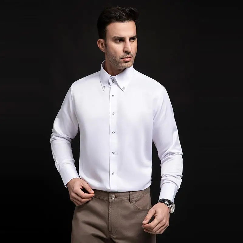 European Size Long Sleeve High Collar Men's Shirt Crystal Button  Color Fashionable Casual Wear Made of Triacetate Fiber