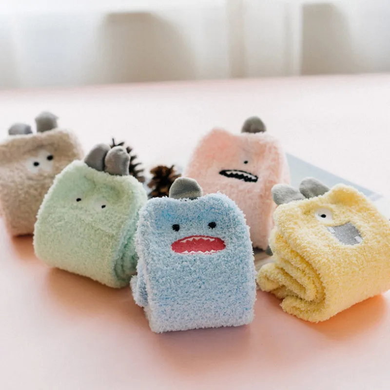 Cute Little Monster Cartoon Fuzzy Socks Women Coral Velvet Medium Tube Funny Socks Cotton for Winter and Autumn Keep Warm 73