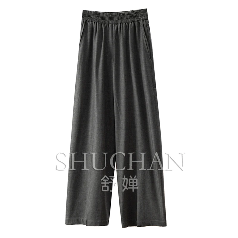 

75% Wool Tencel Elastic Waist Wide Leg Straight Pants Women's 09F0 Trousers Women Pantalones De Mujer
