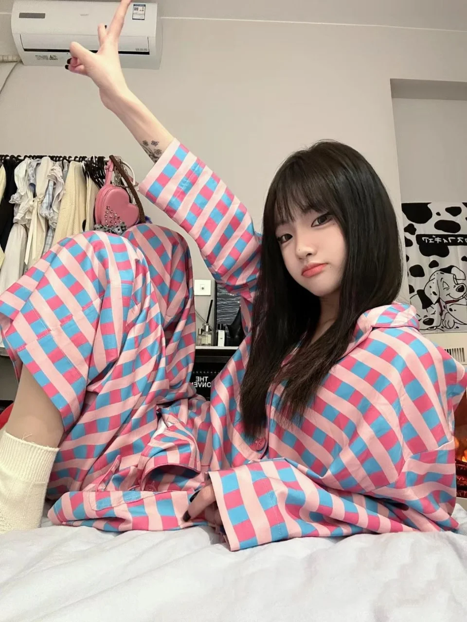 

2025 Women's Pink & Blue Plaid Pajama Set - Long Sleeve Loose-Fit Sleepwear Sweet Edgy Street Style Loungewear for Spring Autumn