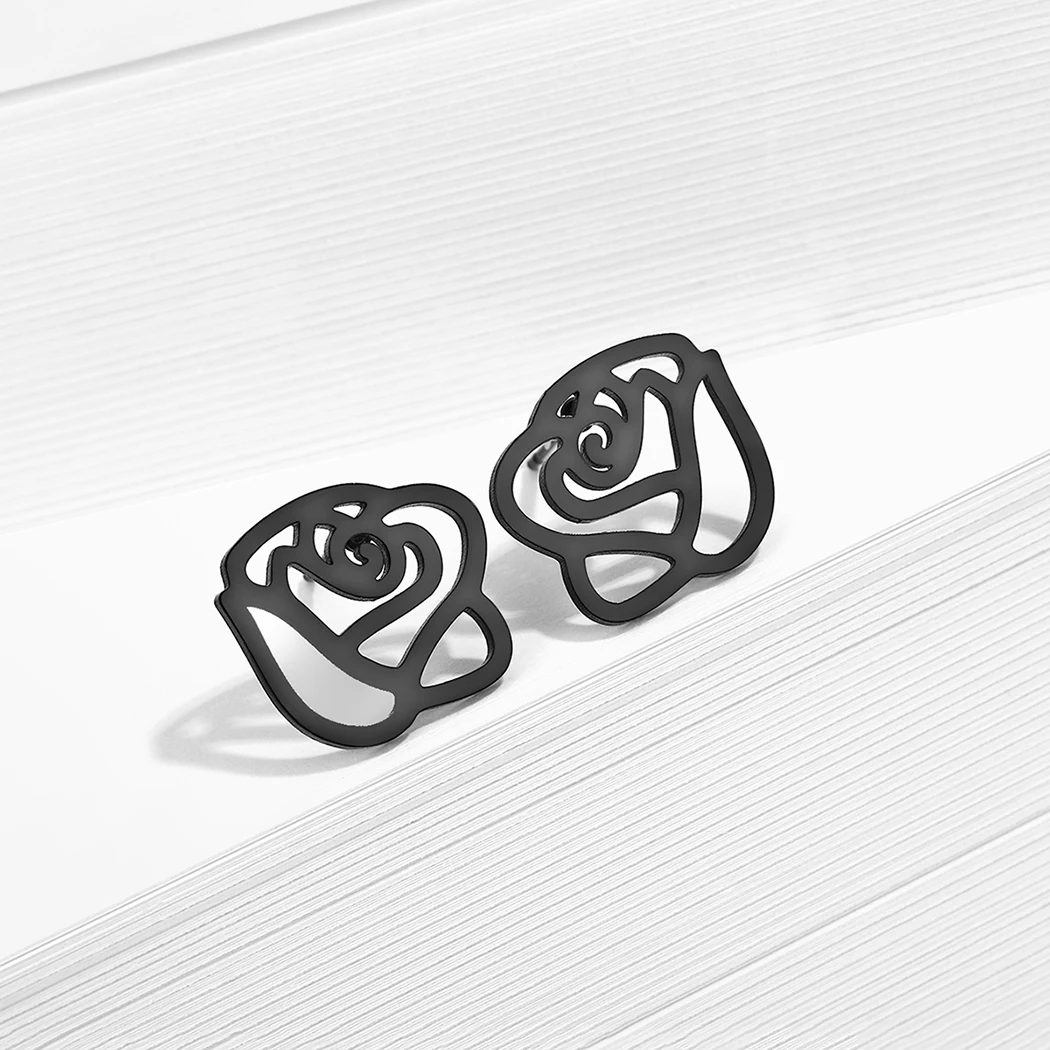 Exquisite Rose Flower Stud Earrings for Women Fashion Gold Color Cartilage Stainless Steel Waterproof Jewelry Hollow Line Charms