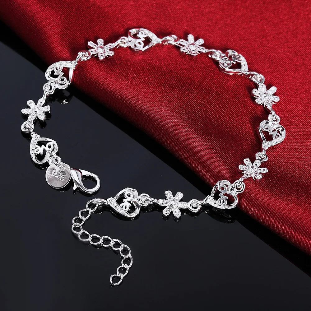 

Hot fine 925 sterling silver Bracelet Fashion crystal romantic heart flower chain for woman wedding accessories designer jewelry