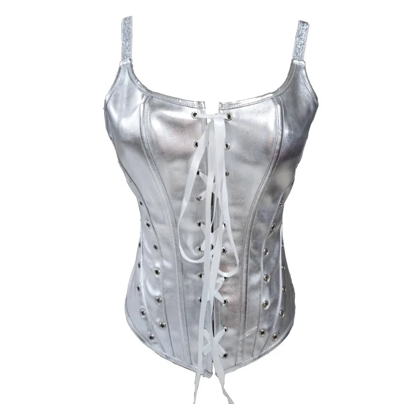 

Gothic Black Silver PU Leather Corset Spaghetti Strap Lace Up Slim Party Bustier Top With Rivets