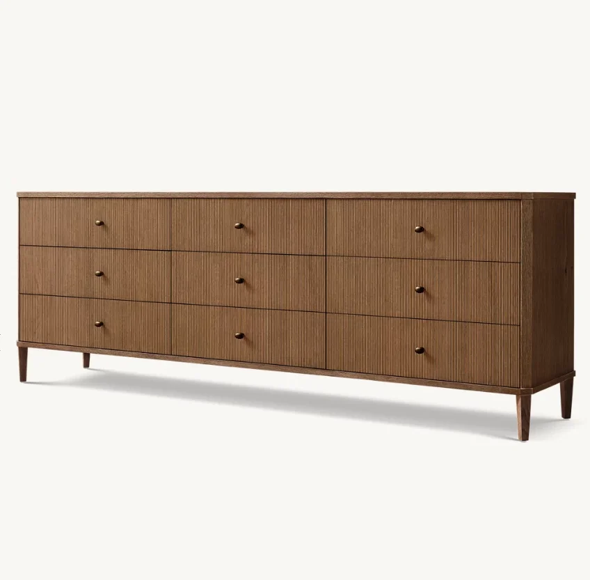 #Luxury Wooden Bedroom Furniture Set Storage Cabinet Wood Reeded 9 Drawer Dressers