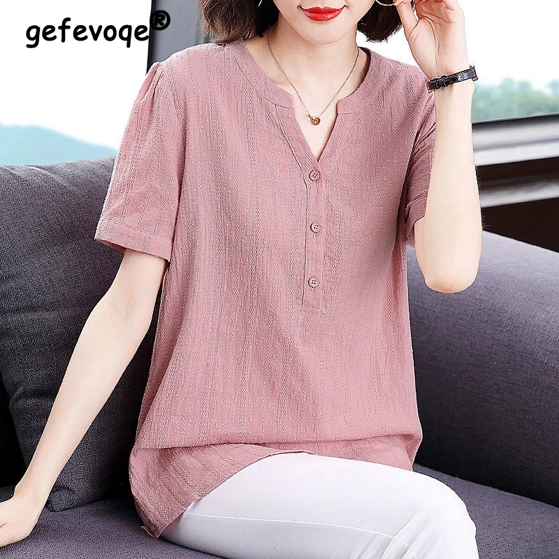 Clothes for Women 2024 Spring Summer Fashion V Neck Solid Blouse Elegant Short Sleeve Loose Shirt Casual Cotton Tunic Tops Blusa