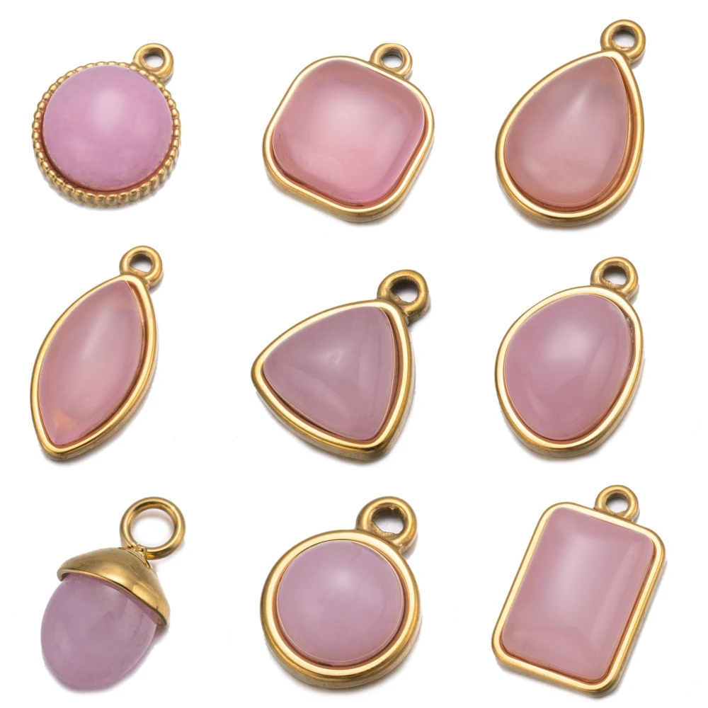 5pcs Water Drop Oval Pink Crystal Quartz Stone Charm Stainless Steel Healing Pendant for DIY Necklace Earring Jewelry Making