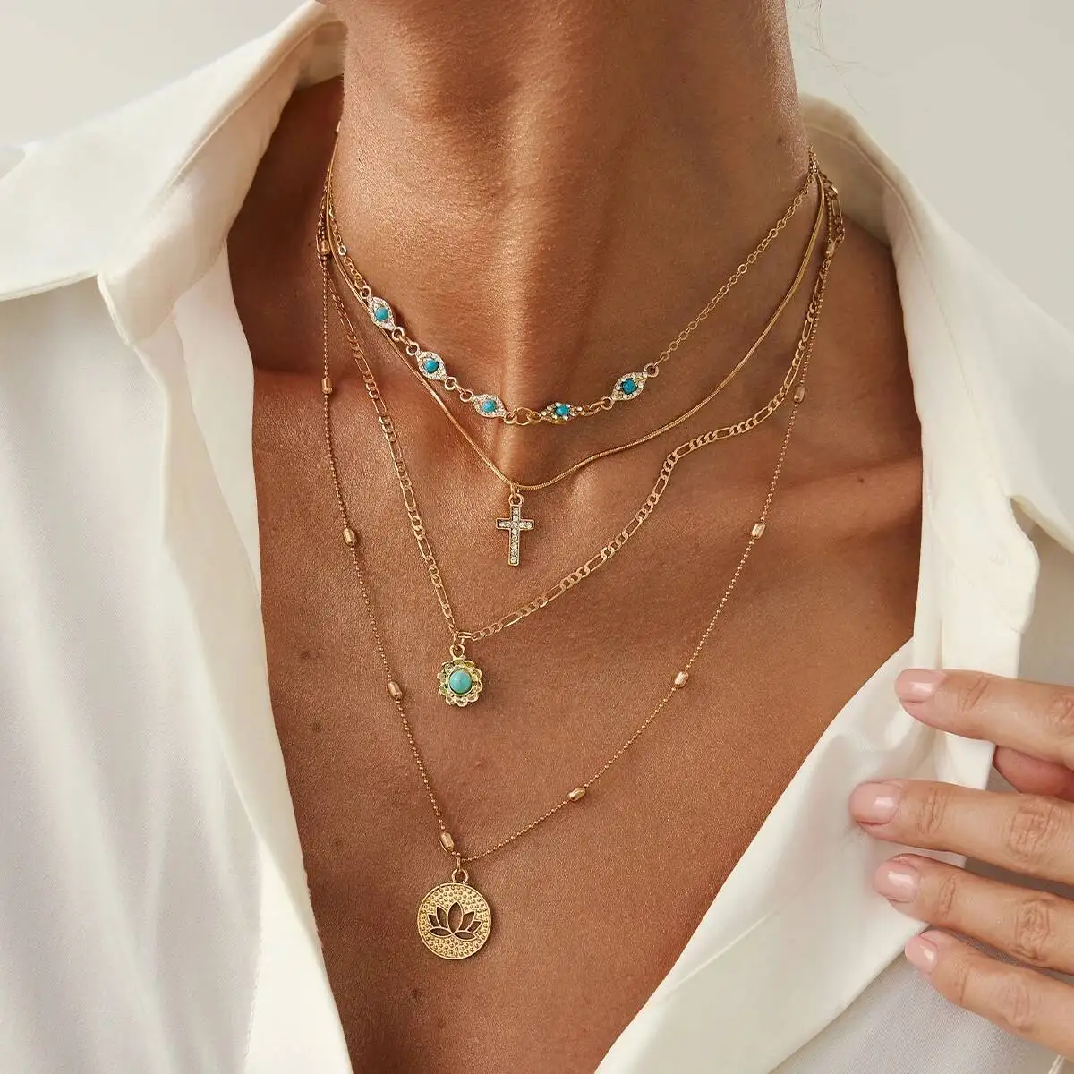 SHIXIN Bohemian Multi Layer Cross Round Pendant Necklace Set for Women 2Pcs Vintage Gold Color Chain Necklace Lady Jewelry Gift