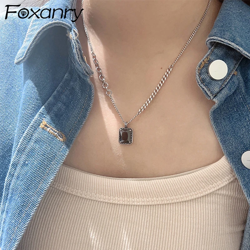 Foxanry 1 PC Black Zircon Pendant Necklace For Women Couples Trendy Elegant Simple Classic Clavicle Chain Party Jewelry Gifts