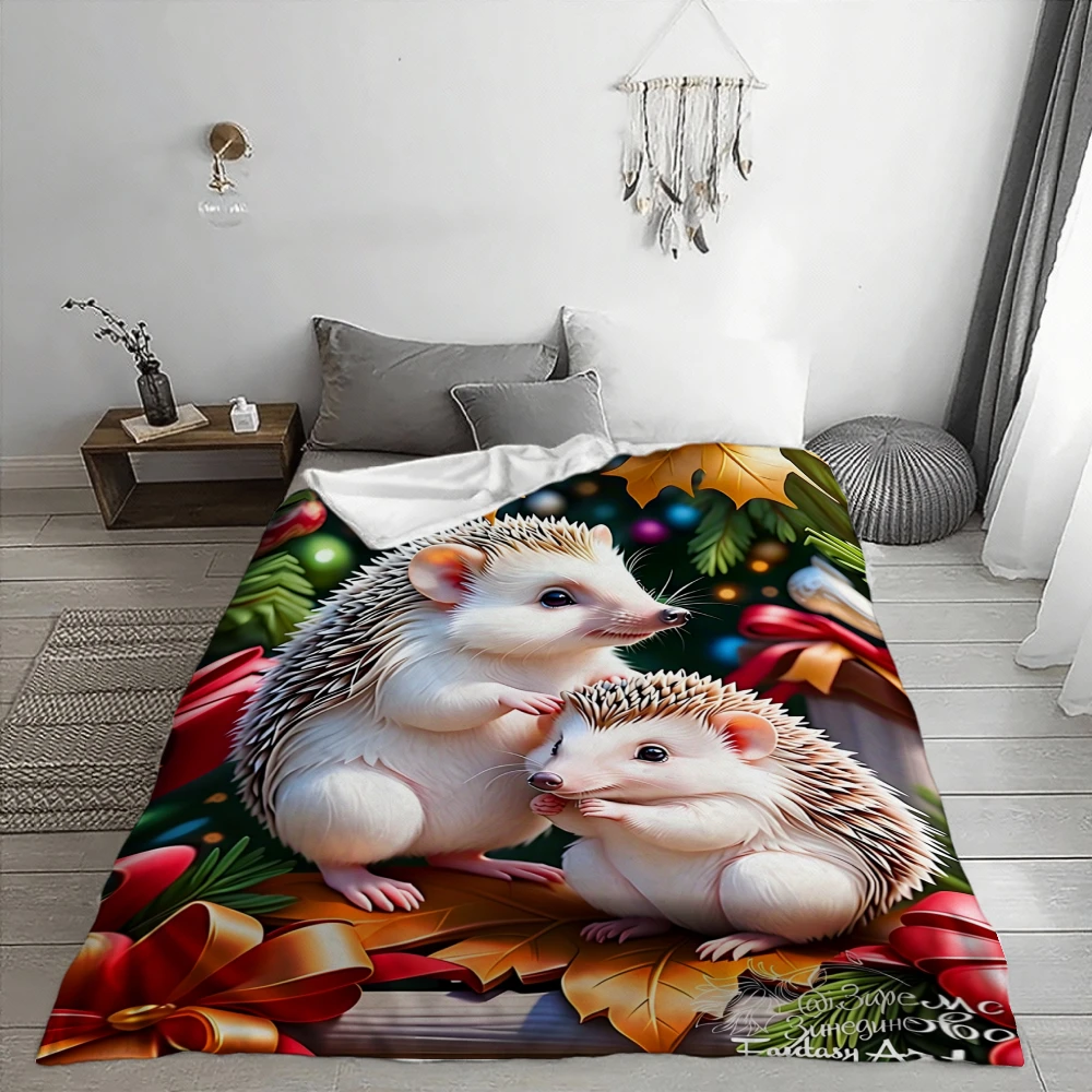 Cute Hedgehog Christmas, Holiday Gift, Blanket, Festive Ornament Design, Home Decor, Soft Cozy Multi-Purpose