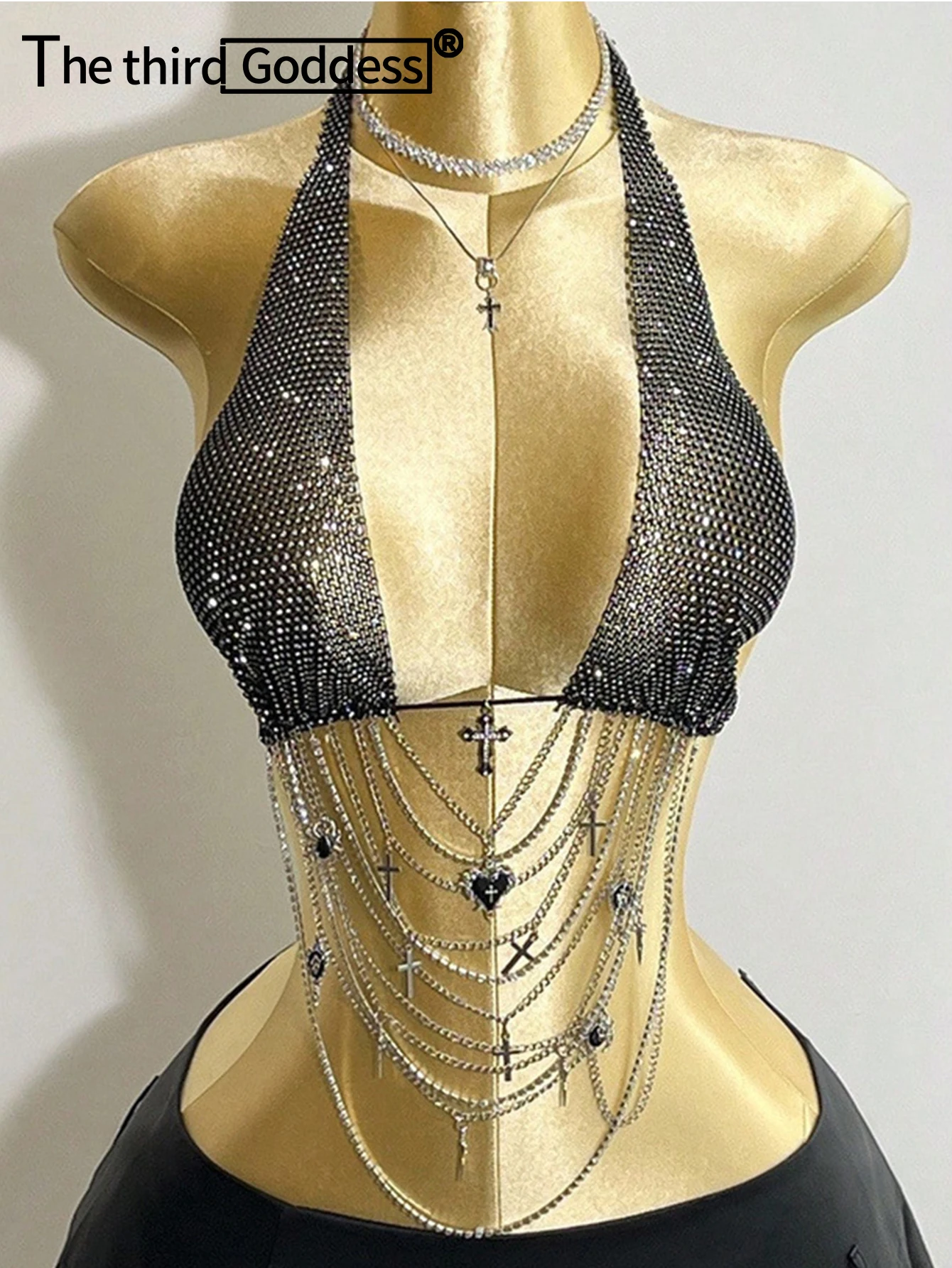 

Sexy black metal rhinestone corset crop top women summer club party tops for woman see through fishnet halter tank top beach bra