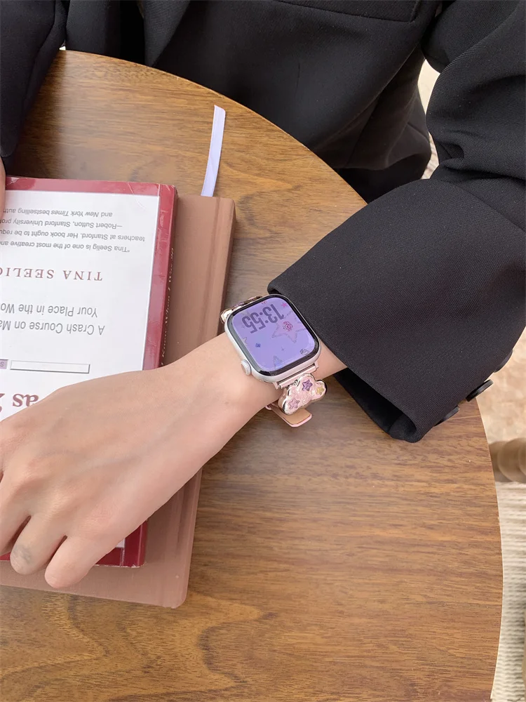 Luxury Leather Strap For Apple Watch 38mm 40 41mm 42mm 45 46mm 49mm Cute Diamond Bracelet Band For iWatch Ultra 10 9 8 SE 7 6 5