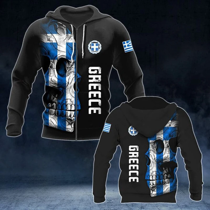 Custom Name Greece Flag Skull Pattern Zipper Hoodies Unisex Oversize Sweatshirts Winter Casual Streetwear Tops Pullover