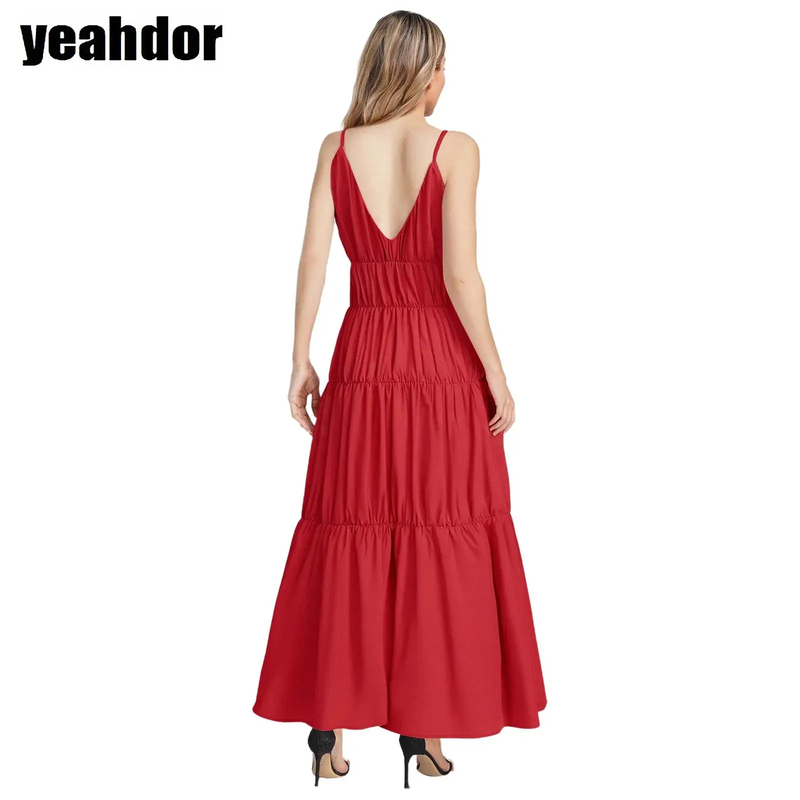 Women Tiered Ruched Sling Maxi Dress V Neck Backless Loose Long Dress Bohemian Solid Color Cami Dress for Beach Vacation Parties