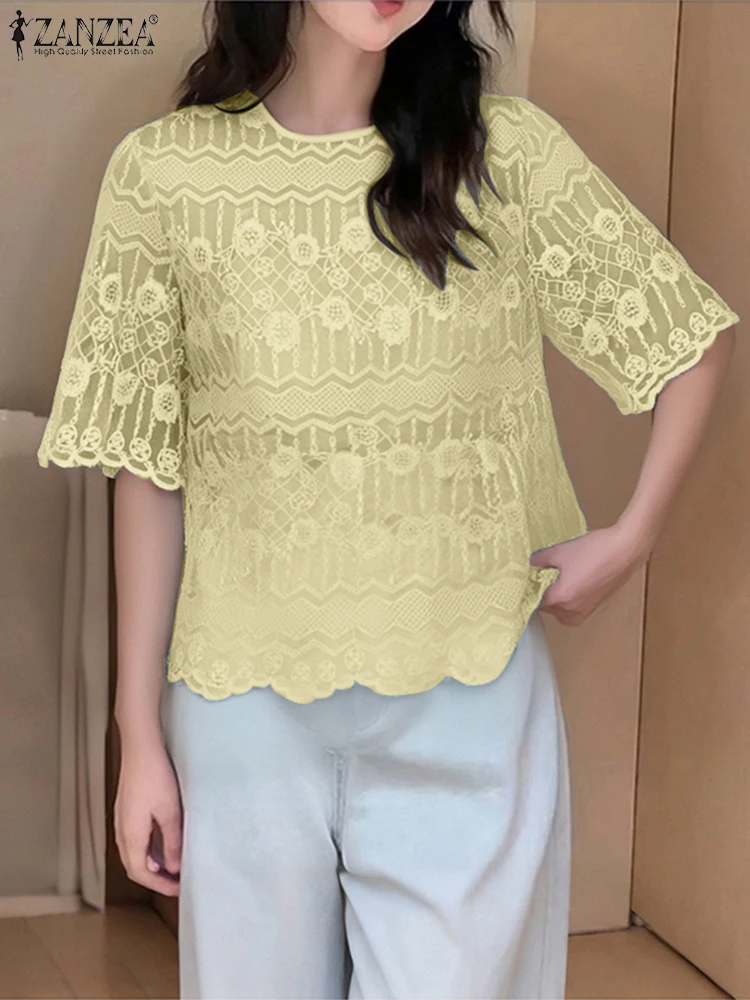 ZANZEA 2025 Camicetta di pizzo estiva Donna Mezza manica Camicie patchwork casual Moda elegante Office Lady OL Top Tunica Blusas allentate