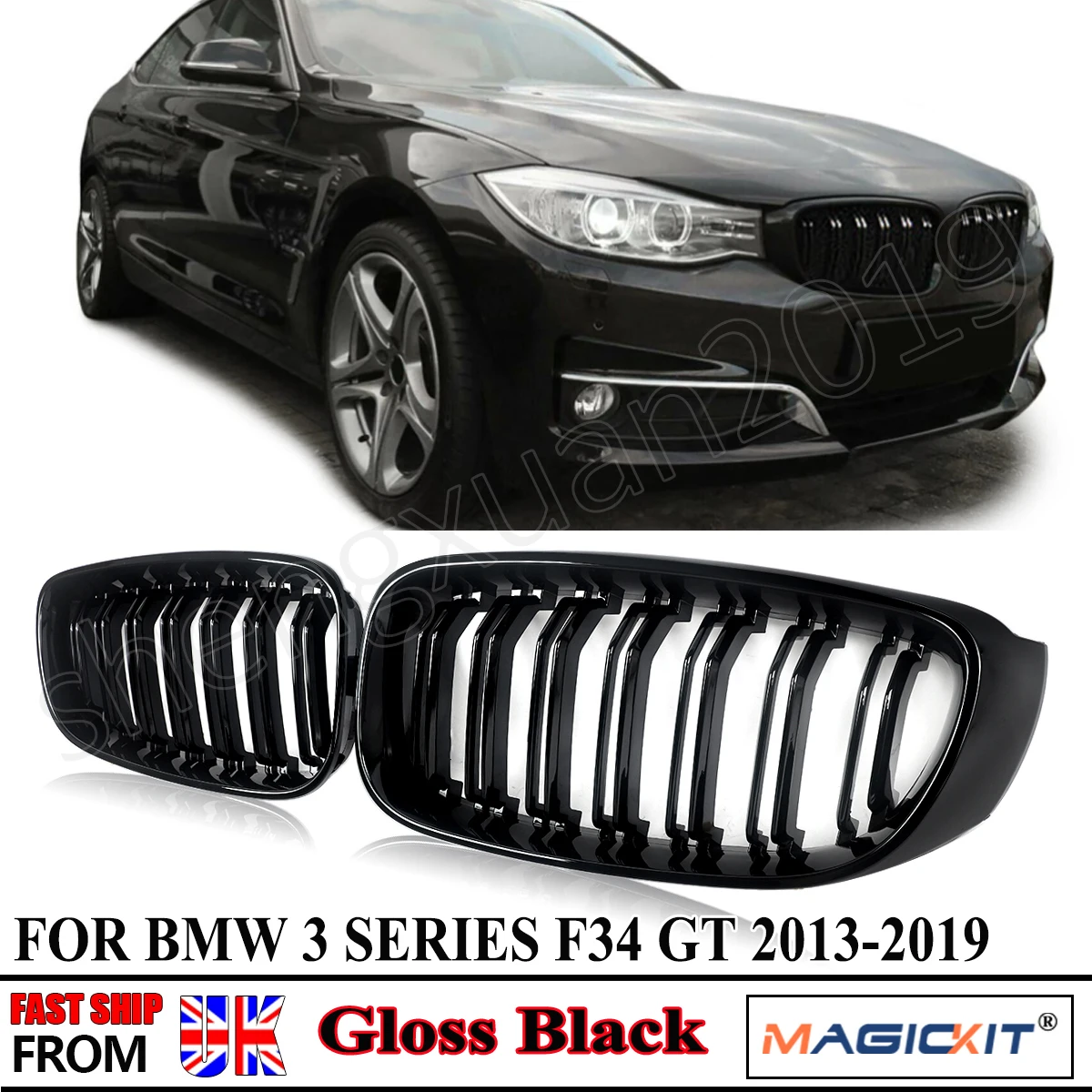 

Grill For BMW F34 328i 330i 340i 335i 3-Series GT 2012 2013 2014 2015 2016 2017 2018 Front Bumper Kidney Grille Gloss Black Pair