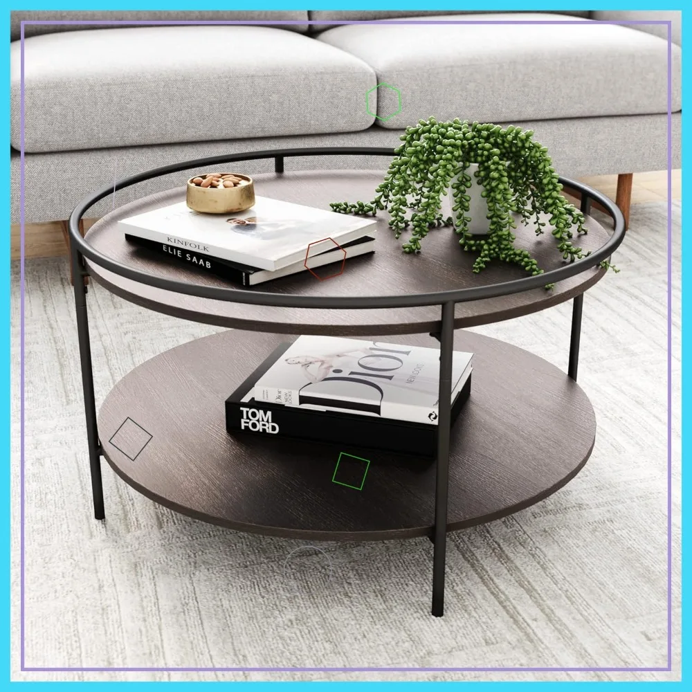 

2-Tier Round Coffee Table with Raised Tray Edge, Minimalist Design for Living Room in Dark Oak/Matte Black