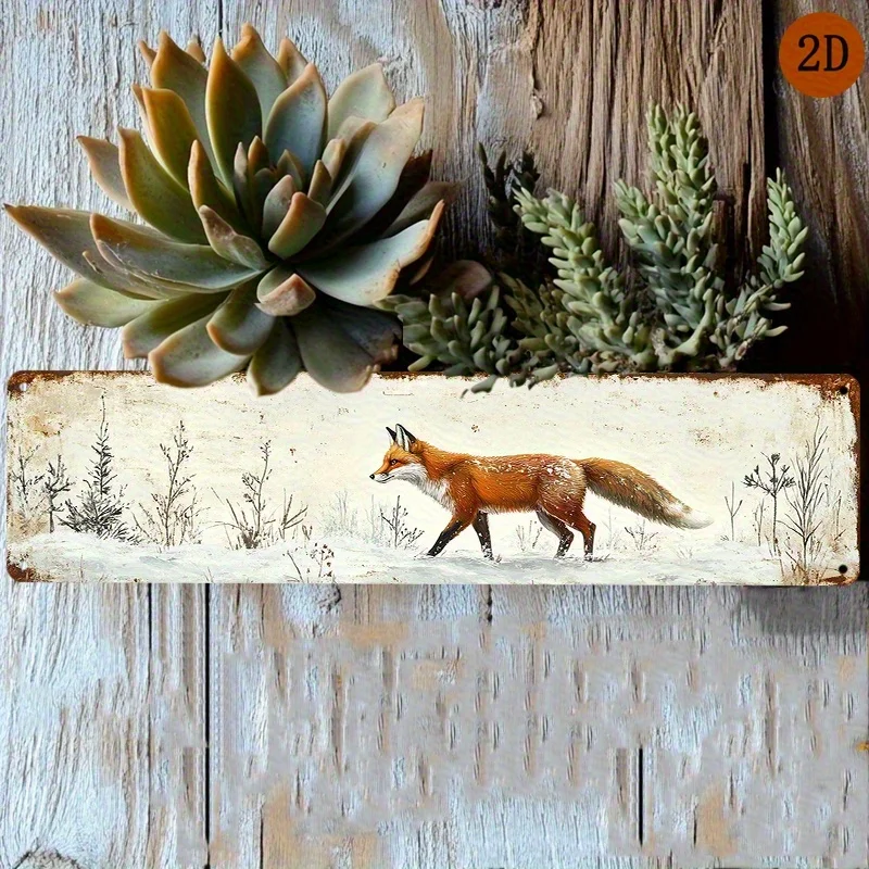 2D Flat Design, a Vintage Country-Style Fox Aluminum Wall Art Sign - 16X4 Inches Winter Fox Scene Metal Plaque, Suitable for H
