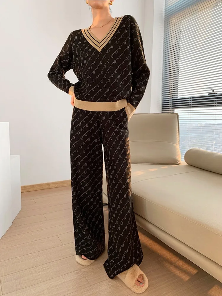 V-neck Sweater Suit Autumn New Style Temperament Letter Print Knitted Wide-leg Pants Two-piece Outfit Korean Women Sweat Sport