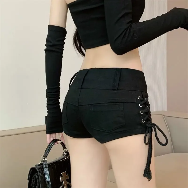 Y2K ريترو شورت منخفض الارتفاع 2024 - الكورية Bodycon الدنيم برباط أمامي صفيق الغنيمة السراويل الساخنة الصيف نادي Instagram الفيروسية