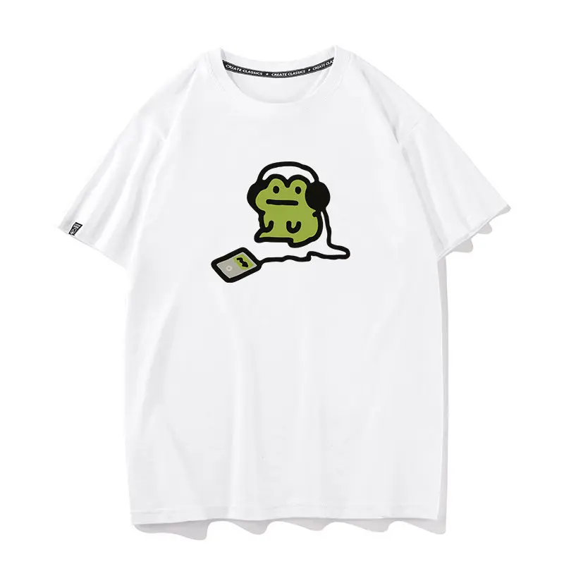 Little Green Frog Listening To Song Pure Cotton Printed Men's and Women's Personalized Casual T-shirt New Fashion Trend T-shirt