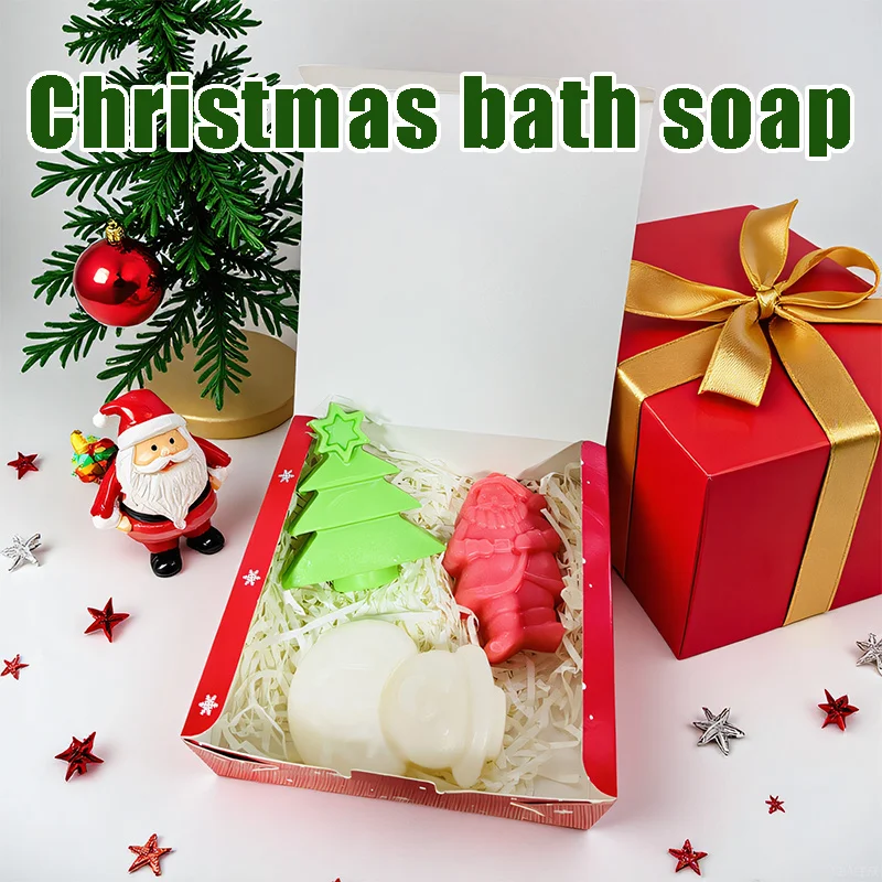 3PCS Christmas Gift Box Soap, Christmas Tree Santa Claus Snowman Shaped Handmade Soap, Three in One, Gentle Cleaning
