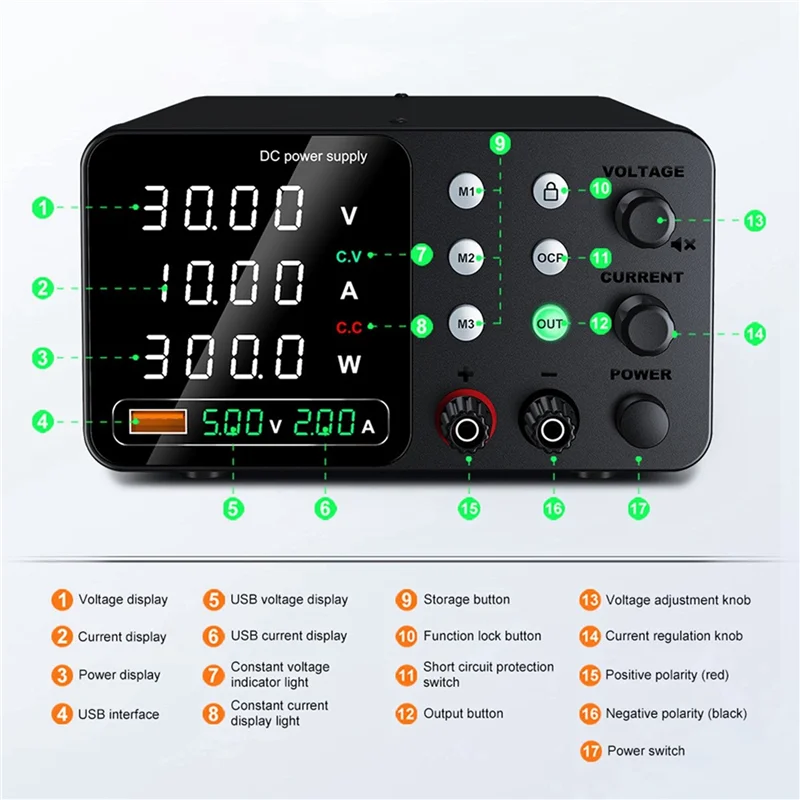 ABUS-30V 10A مختبر إمدادات الطاقة 5 فولت 2A تيار مستمر موفر طاقة تنظيمي إمدادات الطاقة المتغيرة مع إخراج تمكين/عديل الاستخدام زر الولايات المتحدة Plu