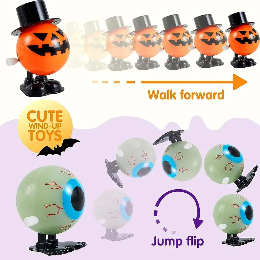 12 PCS Halloween Wind Up Car Toy Fun Halloween Pumpkin Ghost Skeleton Zombie Walking Jump Toys For Party Decor Children Gift