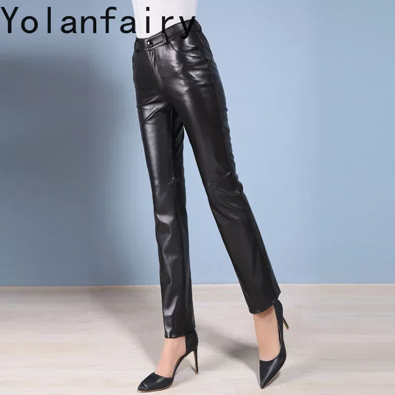 

Genuine Sheepskin Leather Pants Women's Trousers Spring Autumn 2024 Motorcycle Female High Waist Pants Pantaloni Donna Zjt2415