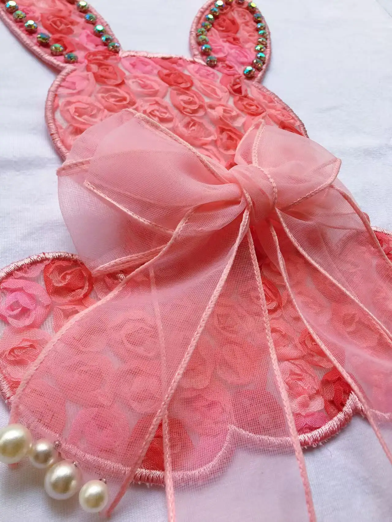 Buckle Pink Bear Beading T-shirt Heavy Handmade Diomand Shiny Bowknot Embroidery T Shirt Summer Tees Top Accessories Clothes