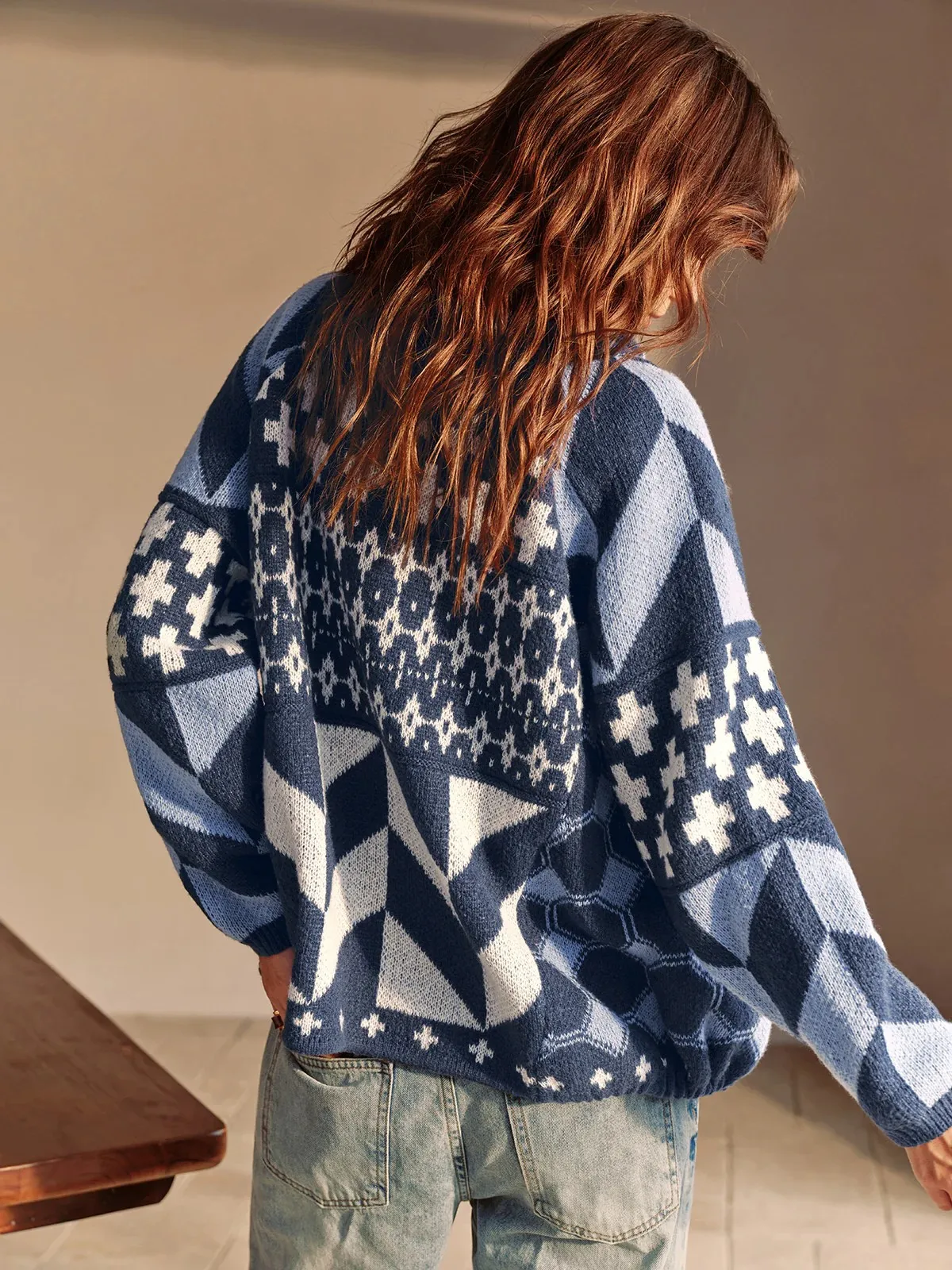 Boho Stripe Knit Cardigan Oversized Aztec Pattern Women's Blue White Stripe Knit Cardigan Long Sleeve Open Front Coat