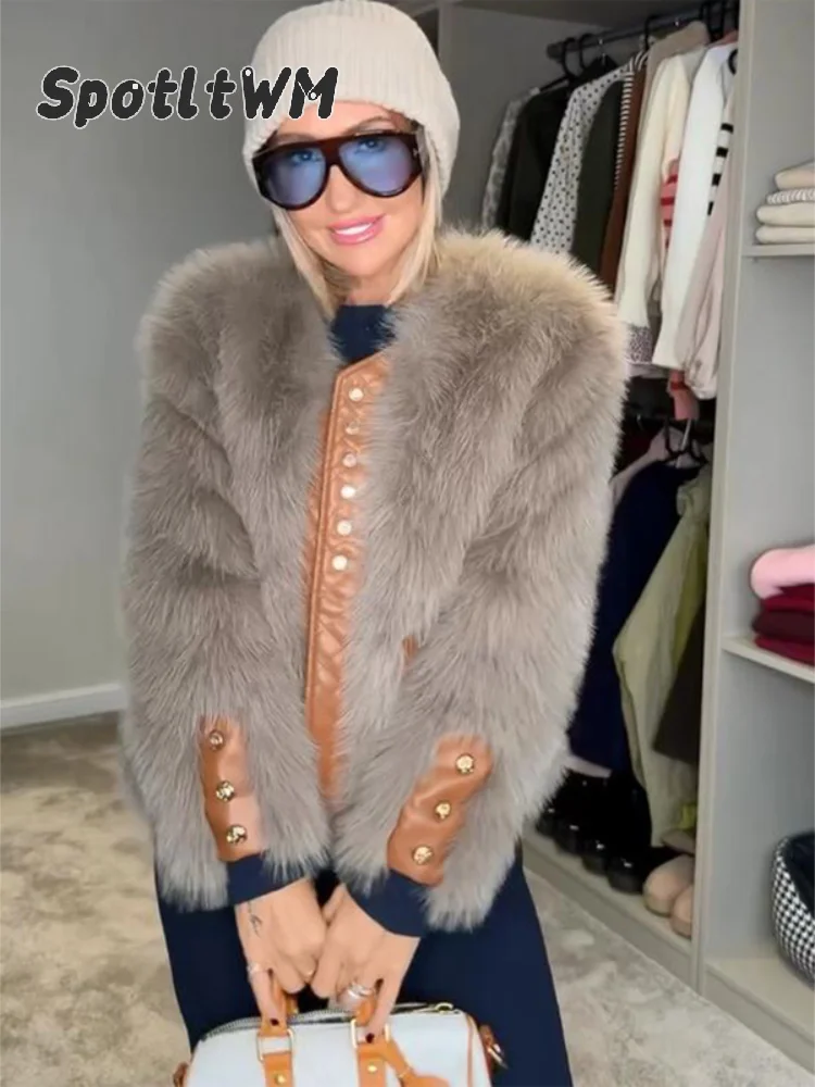 Women Faux Fur Coat V Neck Pu Leather Trim Gold Button Patchwork Pockets Long Sleeve Cropped Warm Winter Streetwear Furry Jacket