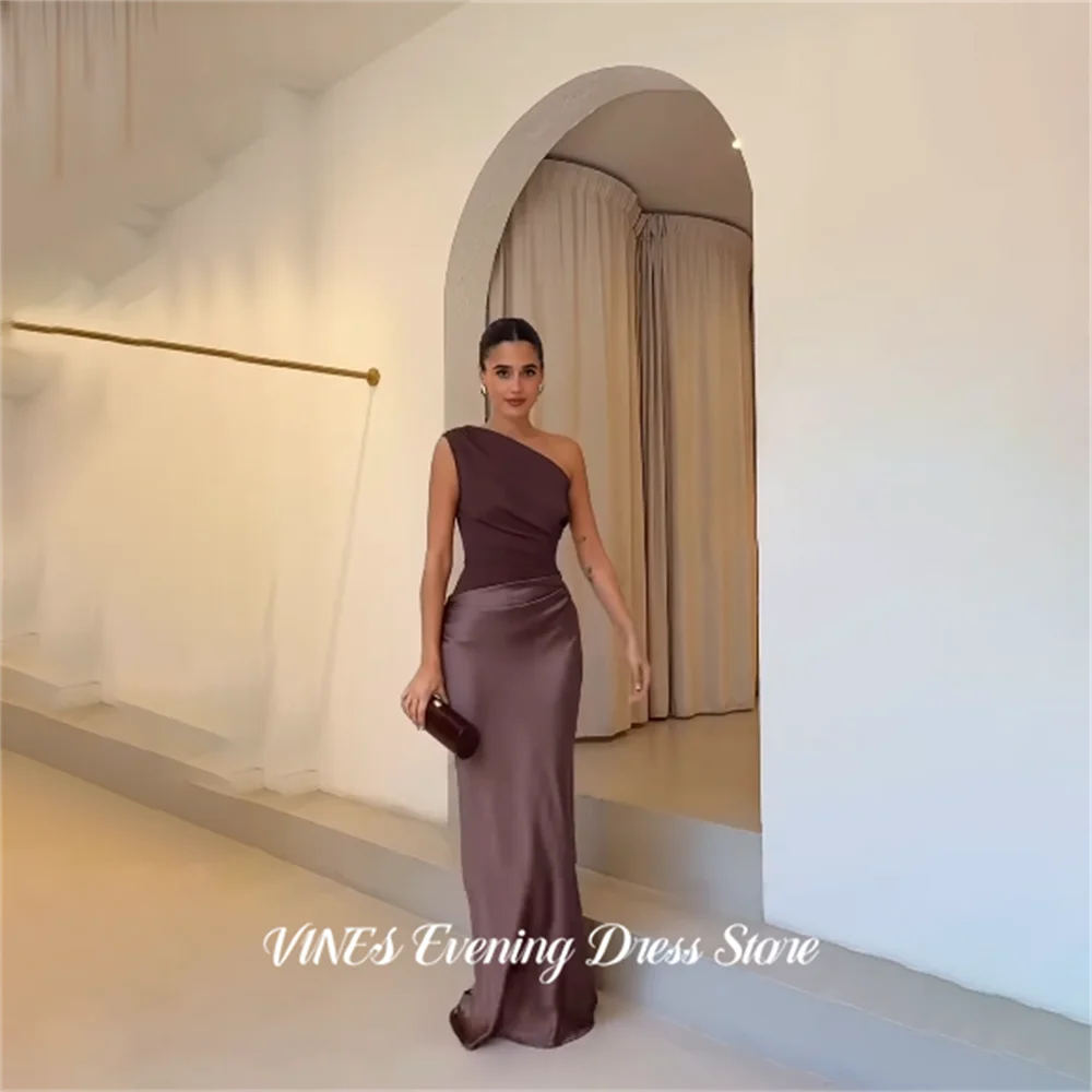 

VINES Brown Sleeveless Prom Dresses One Shoulder Satin Formal Dresses Fitted Silhouette Party Dresses for Women Customized