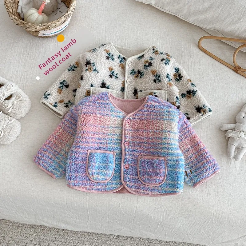 Children's Lamb Fleece Coat 2025 New Winter Girls' Jacquard Thick Top Baby Floral Suede Winter Clothing