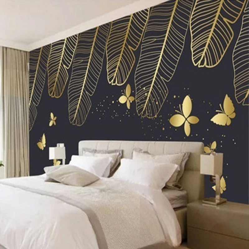 Customized Nordic Minimalist Wall Murals - Golden Leaves & Butterflies Wallpaper Modern Wall Art Background Living Room Decor