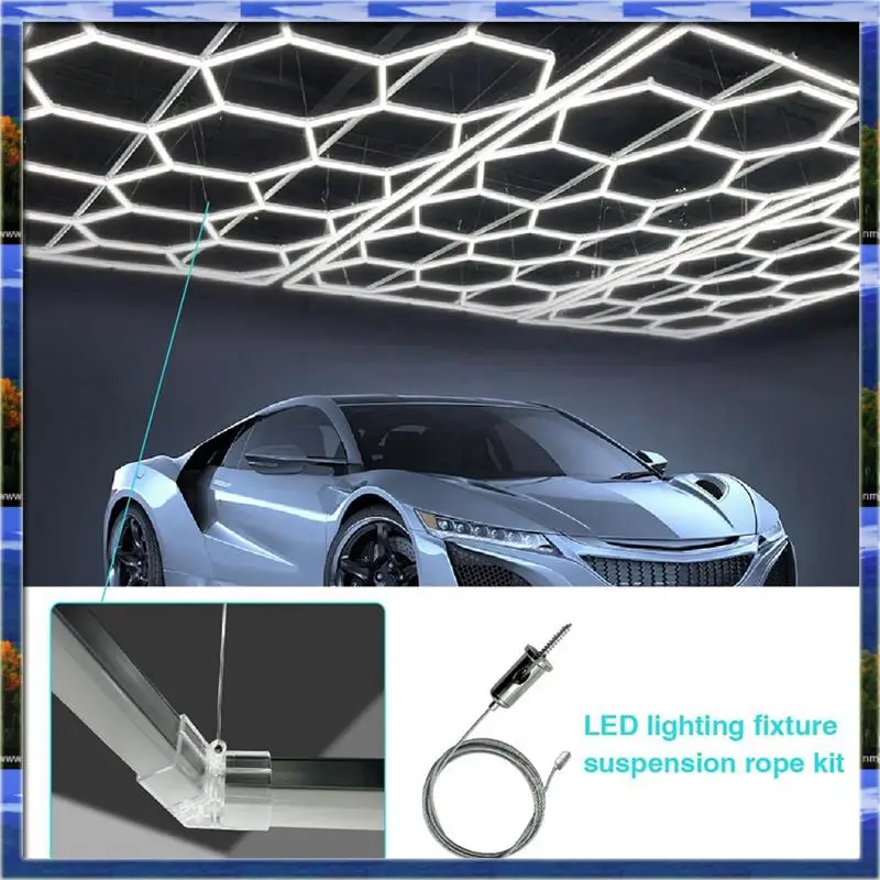AS59 -12 Sets Hexagon Garage Suspension Cables Kit Steel Hanging Chains, Honeycomb Light Connector Pendant Wire Rope Cable