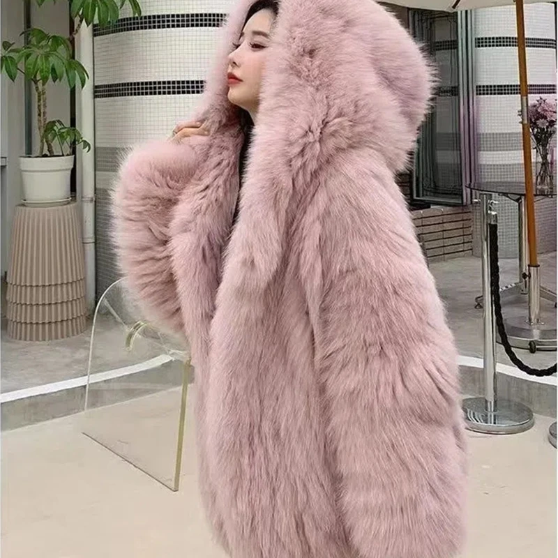 2023 NEW High-quality Fox Fur Coat Woman Short Jackets Hooded Overcoat Autumn Winter Young Lady Faux Fur Fluff Coats Loose Tops