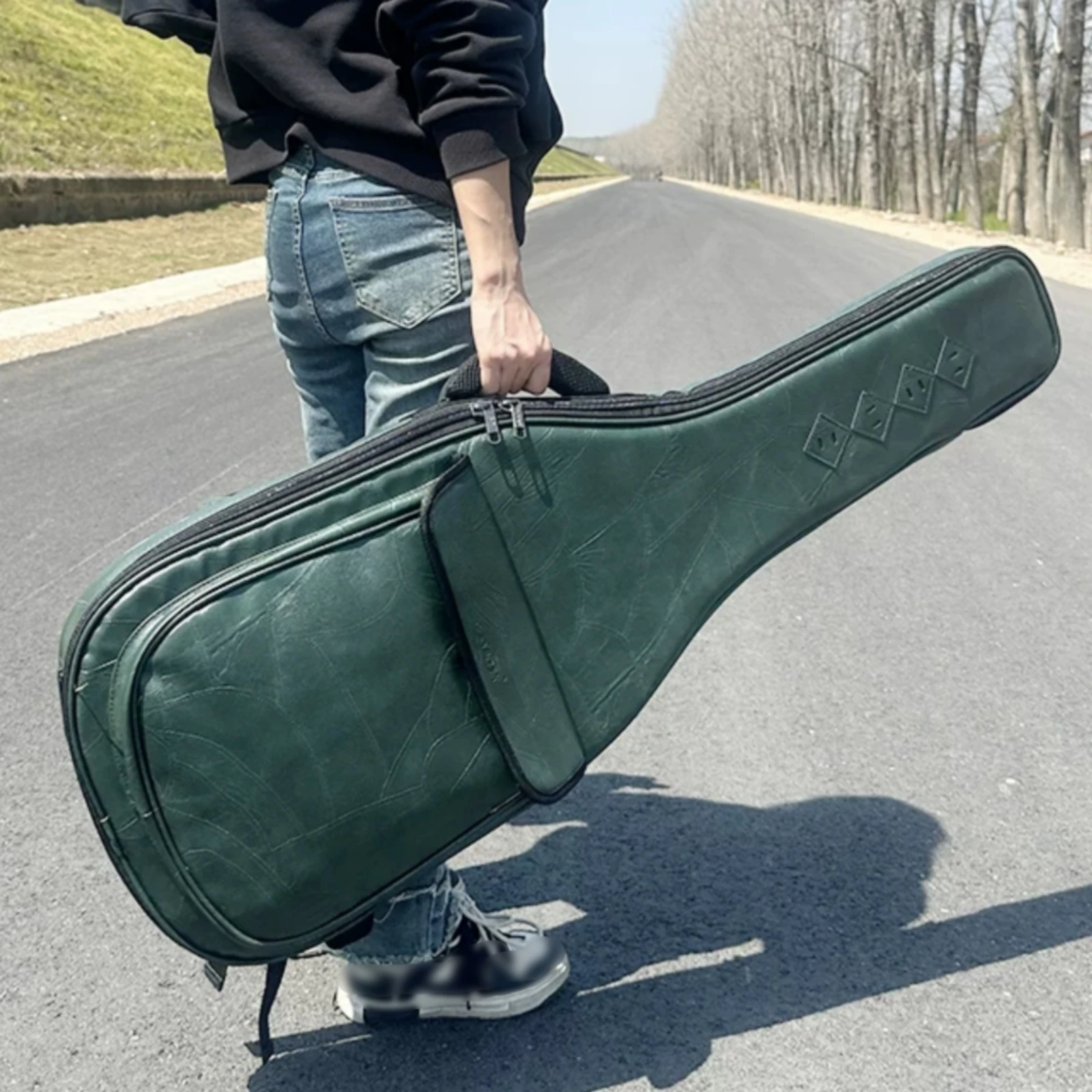 Guitar Bag with Backpack Straps Faux Leather Folk Guitar Bag Water-Resistant Padded for Guitarists, Travel, Commuting