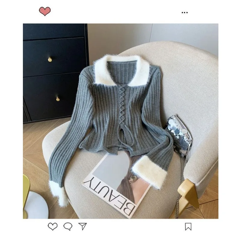 

Французский свитер с контрастными лацканами на шнуровке для женщин, осенняя одежда, корейская версия, универсальный тонкий короткий топ с длинными рукавами