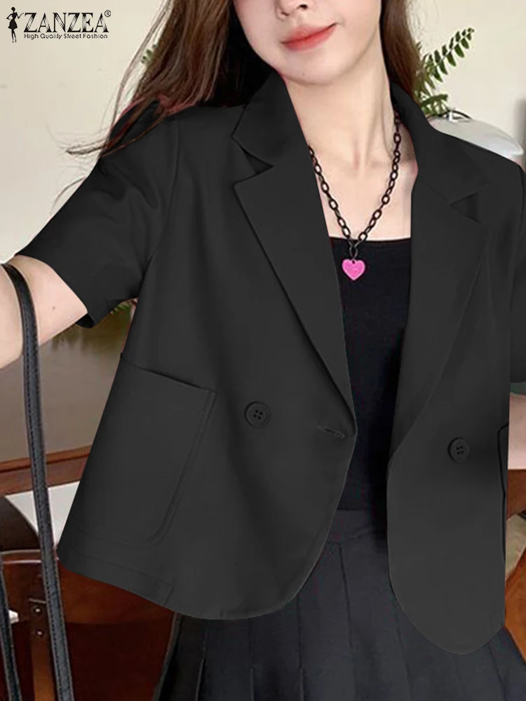 Elegant Women Blazer ZANZEA Summer Lapel Neck Short Sleeve Cropped Tops Woman Solid OL Work Blazer Suits Autumn Fashion Shirt