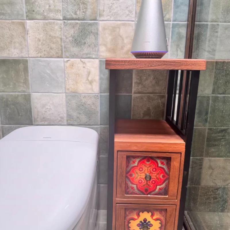

American Vintage Narrow Chest, Living Room Gap Storage Cabinet, Solid Wood Multi-Purpose Shelf, Painted Bedroom Side Cabinet