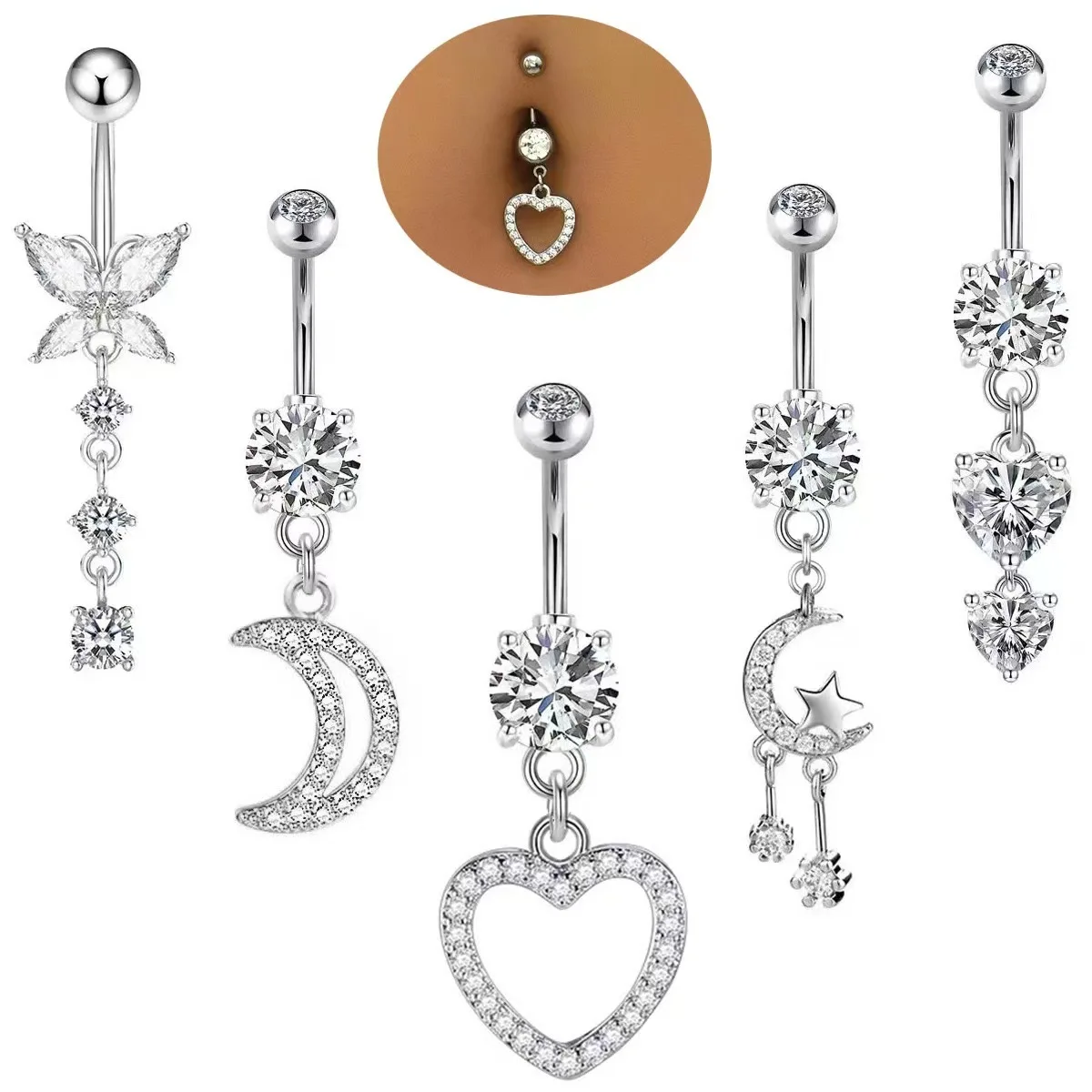 

300pcs/lot 5pcs hot sale belly button ring moon with diamonds fashion belly button ring body piercing jewelry wholesale