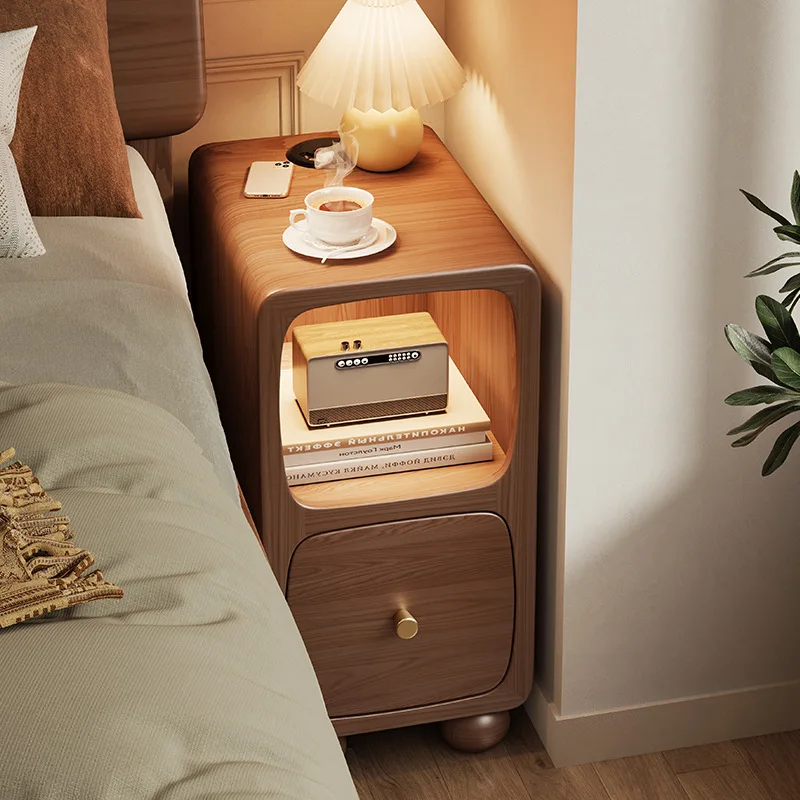 Wholesale Durable Wooden Storage Shelf Narrow Bedside Table All Solid Wood With Drawer Bedside Nightstand